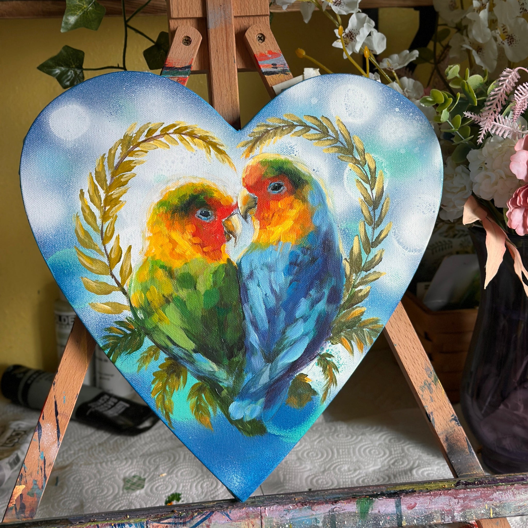 "Birds Of A Feather" Original Acrylic Painting on 12x12 Heart Canvas