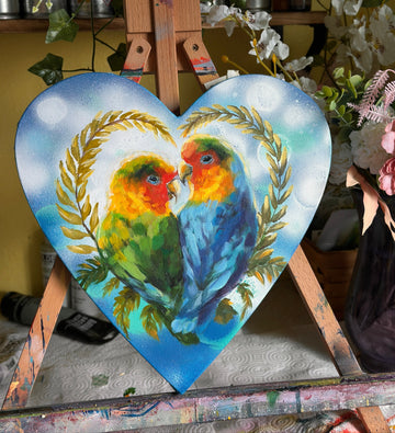 "Birds Of A Feather" Original Acrylic Painting on 12x12 Heart Canvas