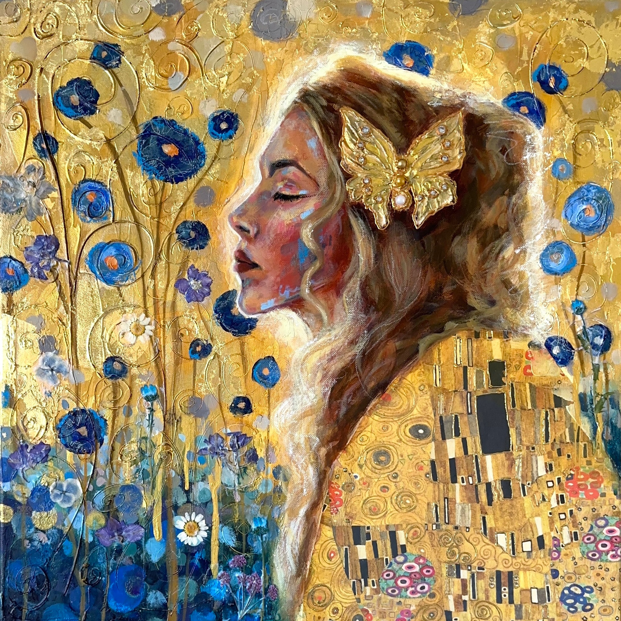 "Gilded Reverie" Original 20x20 Mixed Media 24k Gold Leaf Painting