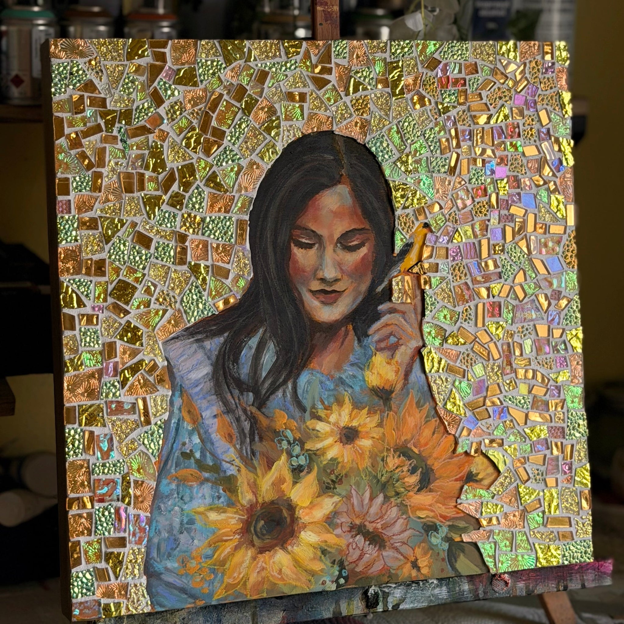 "Heart of Light" Original Mosaic Mixed Media Painting 16x16 Wood Canvas