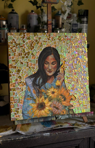 "Heart of Light" Original Mosaic Mixed Media Painting 16x16 Wood Canvas