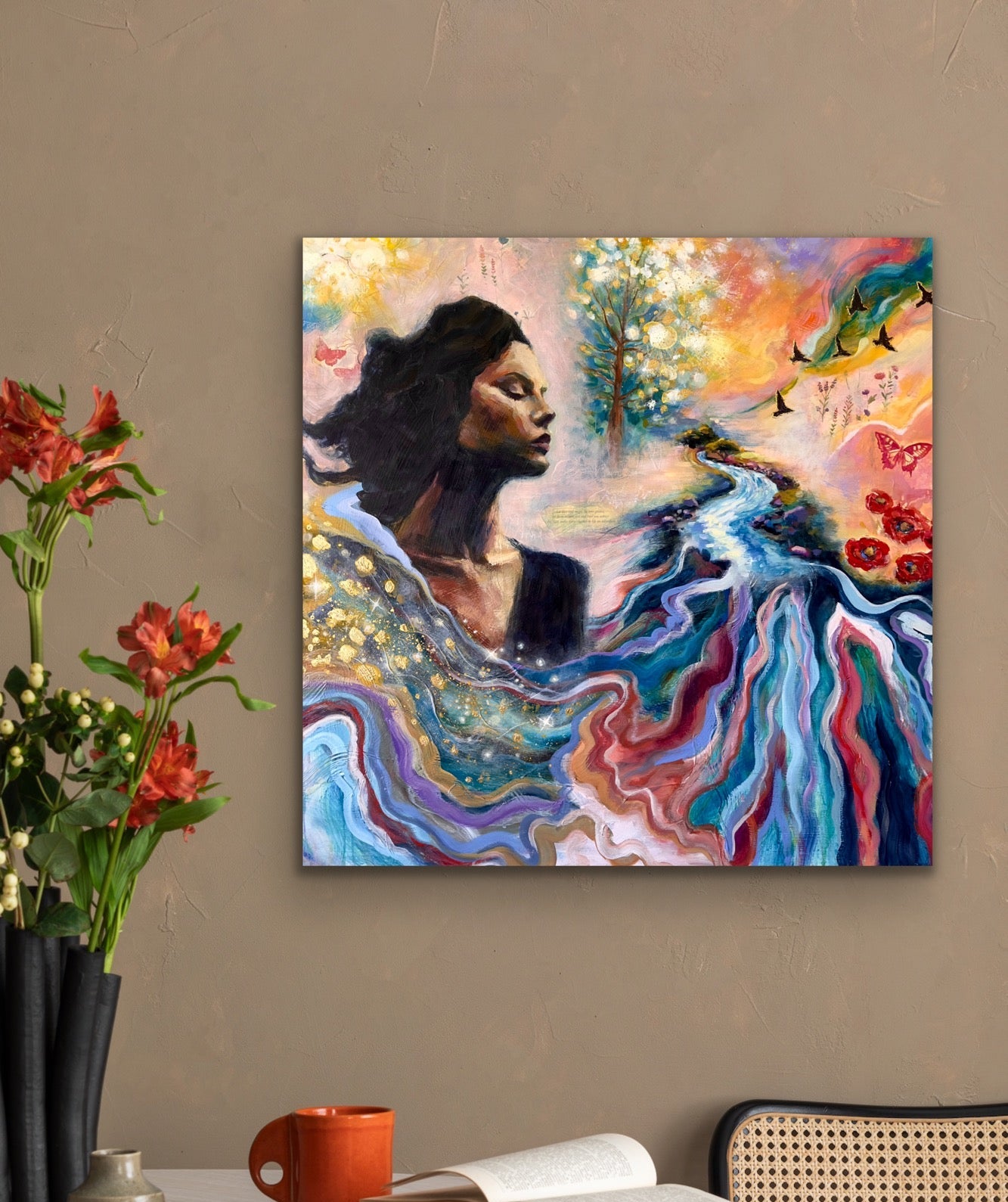 Colorful abstract painting of a woman with flowers and a table in the foreground