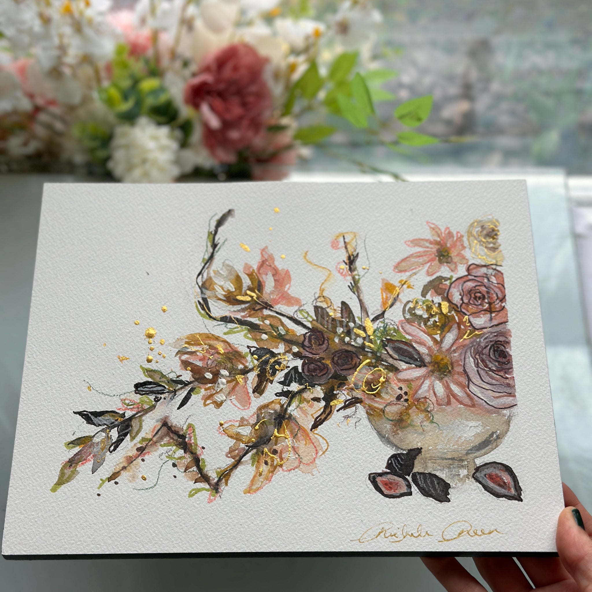 "Blushed Whimsy" Original Watercolor Mixed Media 8x10