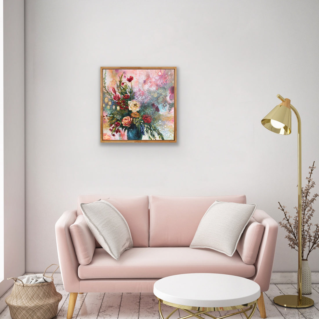 Colorful floral arrangement in a blue vase with abstract background