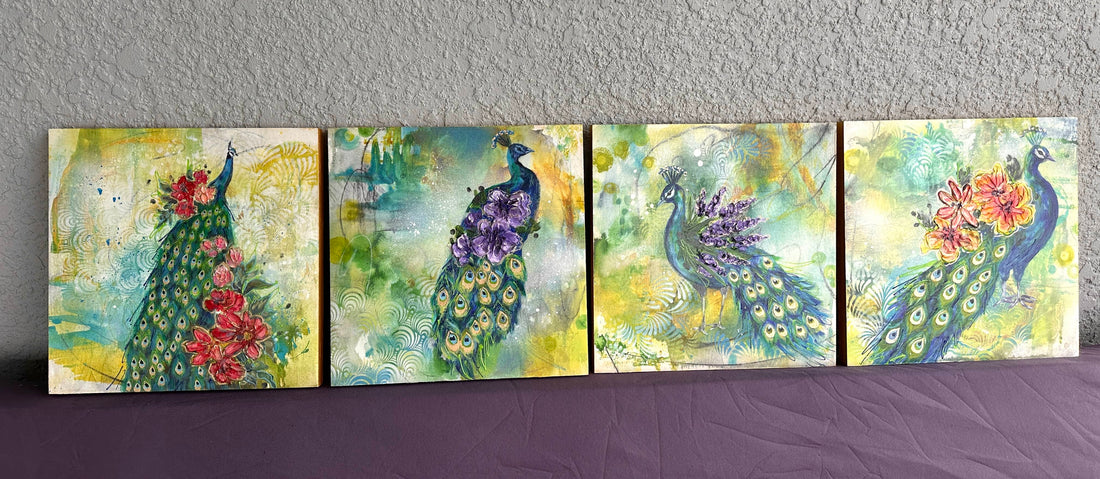 "Floral Peacock Collection" On 12x12 Wood Canvas