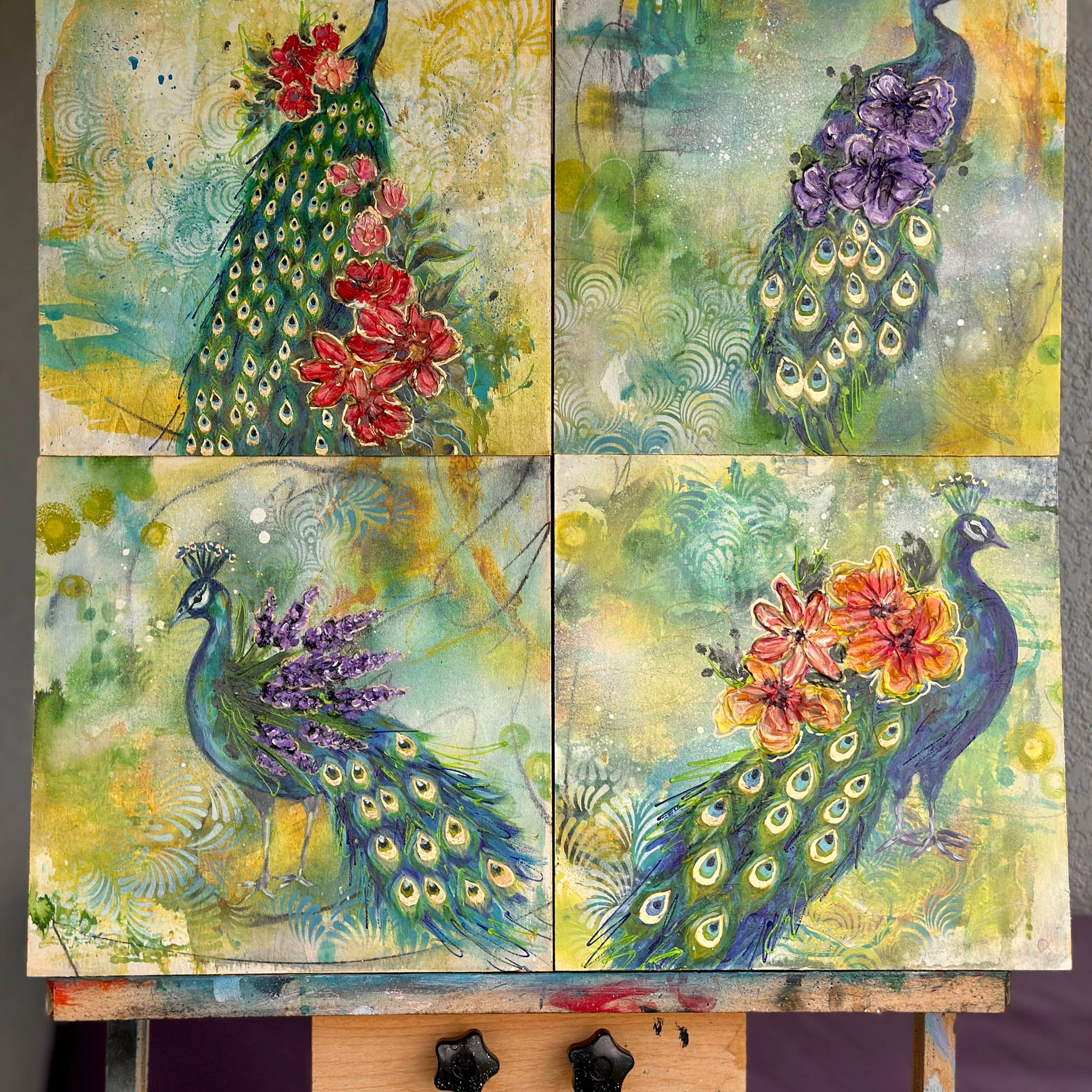 "Floral Peacock Collection" On 12x12 Wood Canvas