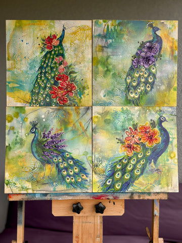 "Floral Peacock Collection" On 12x12 Wood Canvas