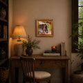 Nostalgic interior with a wooden desk, lamp, books, and a painting on a wall.