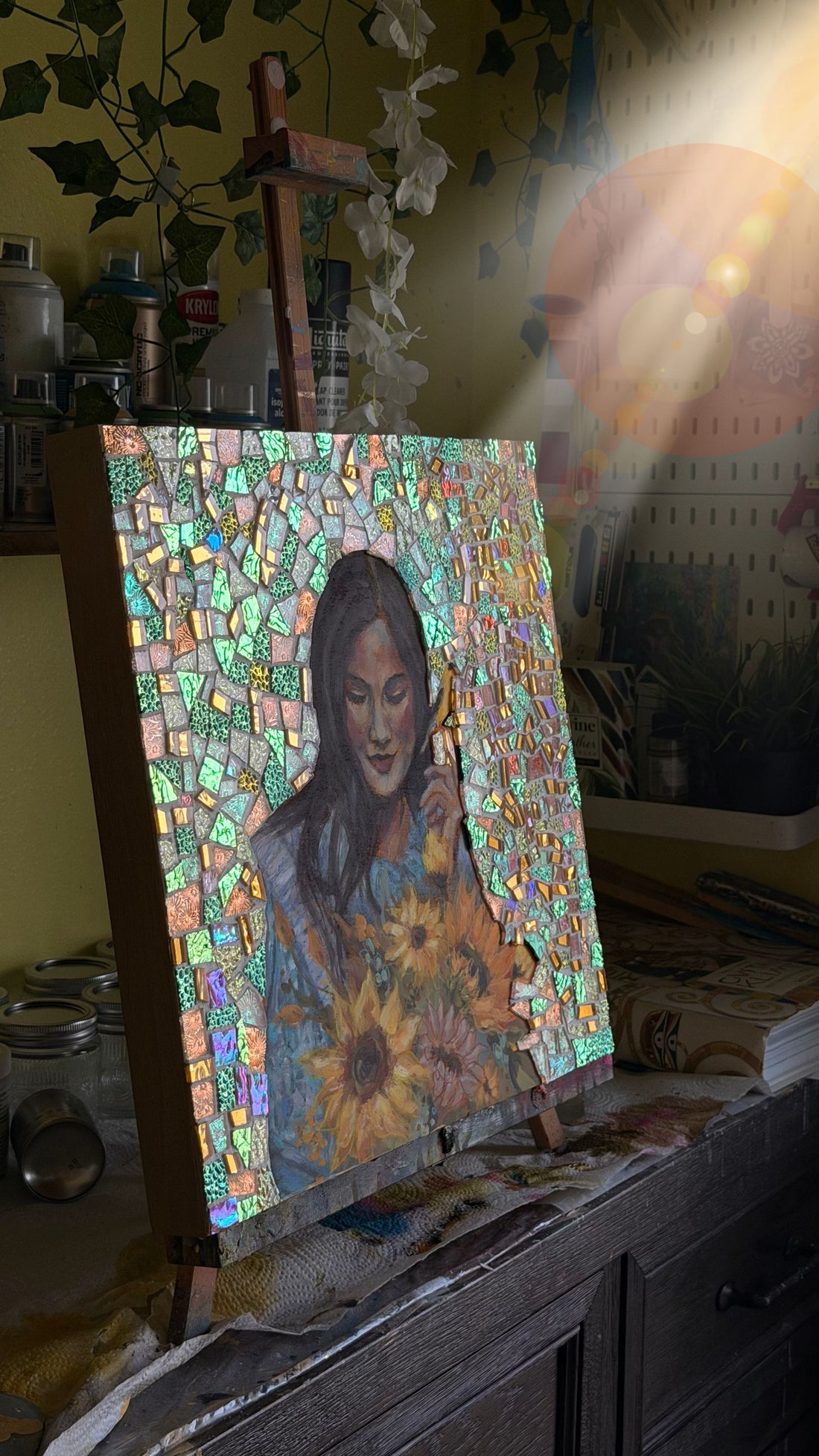 "Heart of Light" Original Mosaic Mixed Media Painting 16x16 Wood Canvas