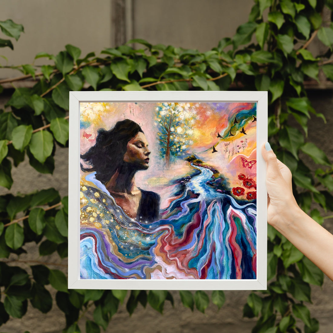 Colorful artwork of a woman with nature elements held by a hand.