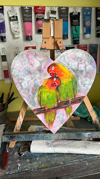 "Be Mine" Original Valentines Day Lovebird Painting 12x12 Heart Canvas