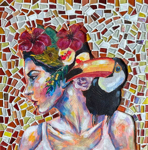 "Tropical Dreams" Original Mosaic Painting On Wood Canvas 12x12