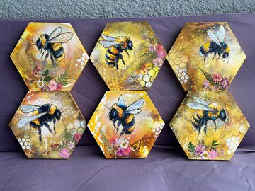 "Worker Bee Collection" 6 Piece Original Paintings on 8x8 Wood Canvas