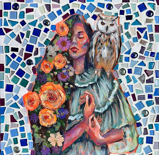 "Introspection" Original Mosaic Mixed Media on 12x12 Wood Canvas