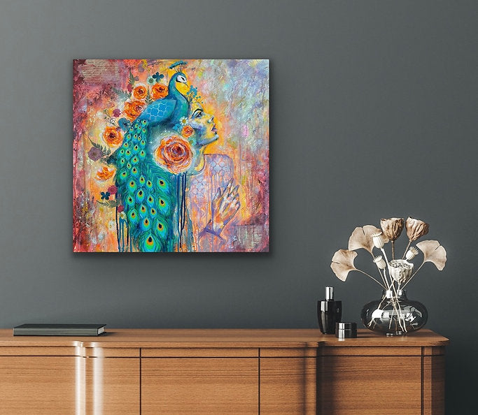 "Plumed Spirit" Original 24x24 Mixed Media on Canvas
